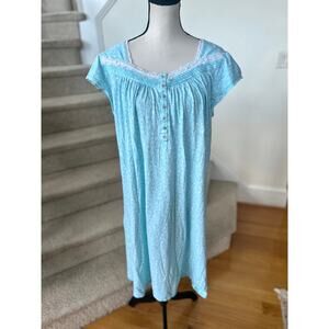 Eileen West Light Blue White Floral Lace Trim Short Sleeve Night Gown